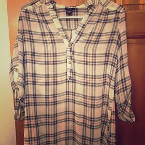 Navy and white plaid sheer top
